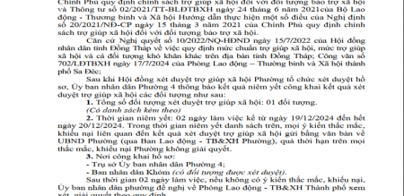  Thông báo niêm yết xét duyệt trợ giúp xã hội Phường 4 Đợt 1 tháng 12 năm 2024