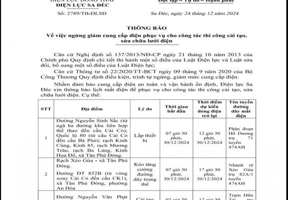 THÔNG BÁO VIỆC NGỪNG, GIẢM CUNG CẤP ĐIỆN PHỤC VỤ CÔNG TÁC CHO THI CÔNG CẢI TẠO SỮA CHỮA LƯỚI ĐIỆN