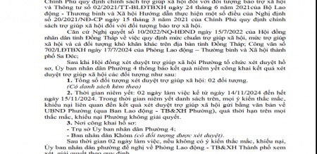 Thông báo niêm yết xét duyệt trợ giúp xã hội Phường 4 Đợt 1 tháng 11 năm 2024